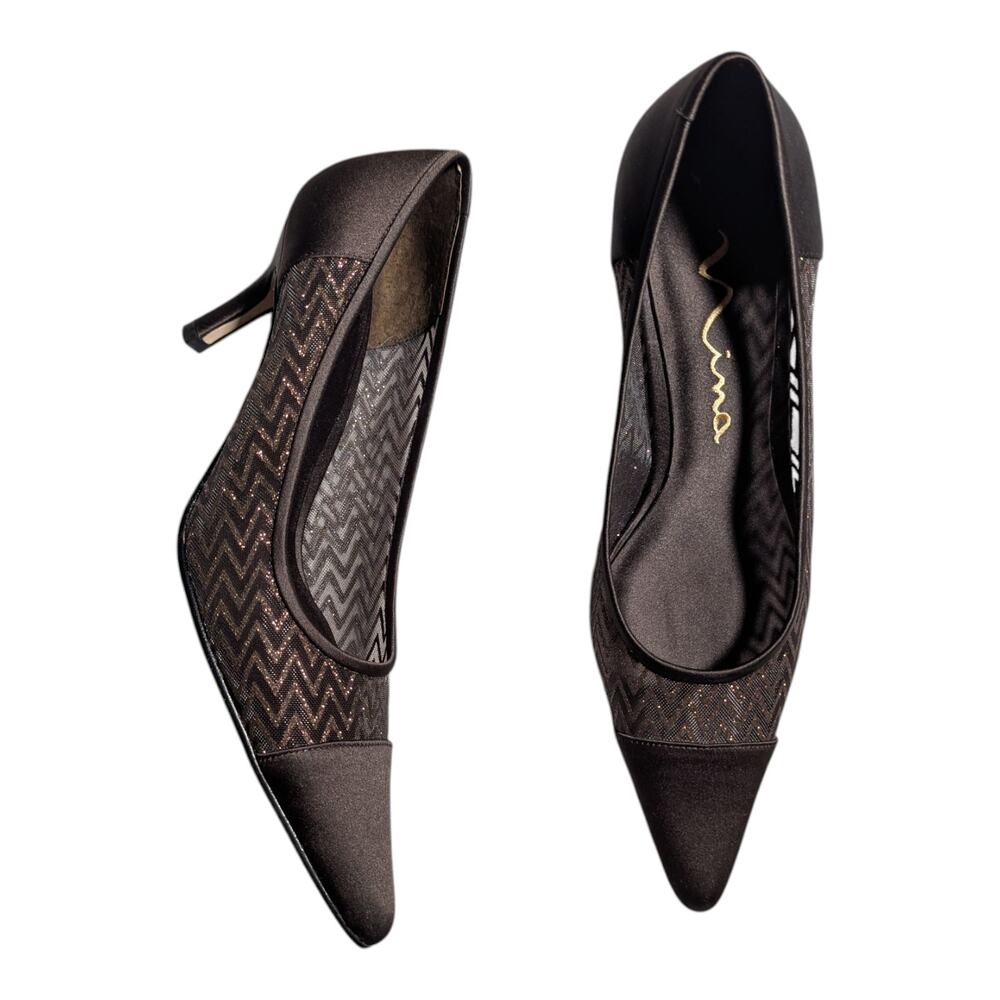 Vtg Y2K Nina Brown Pointed Satin Cap Toe Glitter Chevron Mesh Stiletto Pumps 8.5